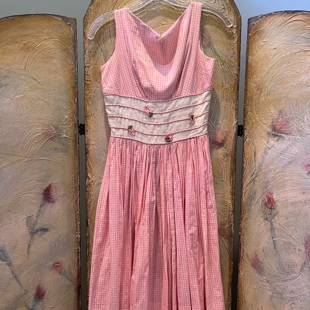 Vintage 50's 60's Pink & White Gingham Short Dress w Flower Details